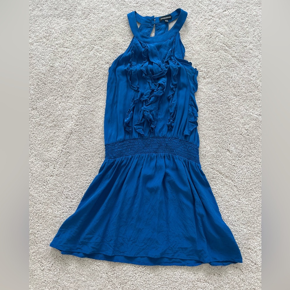 Warehouse Royal Blue Ruffle halter Dress in Size 4(UK Size 8)